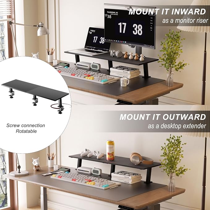 30-Inch Desktop Clamp-on Shelf & Monitor Riser, 2-in-1 Reversible Design – Fits Either Side of Desk, C-Clamp for Stability, Holds 44 lbs, for Gaming PC, Console & Office Setup - Image 3