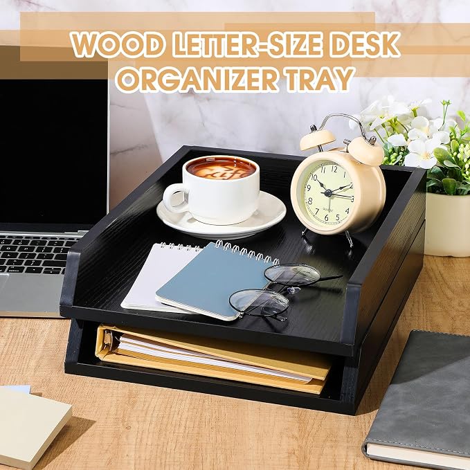 DoubleFill 2 Pcs Wooden Letter Trays 2 Tier Desktop Paper Organizer Wood Letter-Size Desk Document Tray Heavy Duty Stackable Paper Drawer Holder File Folder Back to School Office Home (Black) - Image 3