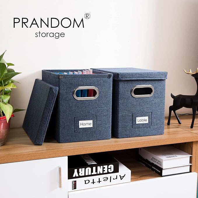 File Organizer Box - Set of 1 Collapsible Decorative Linen Filing Storage Hanging File Folders with Lids Office Cabinet Letter Size Navy Blue (14x9.3x10.8 inch) - Image 3