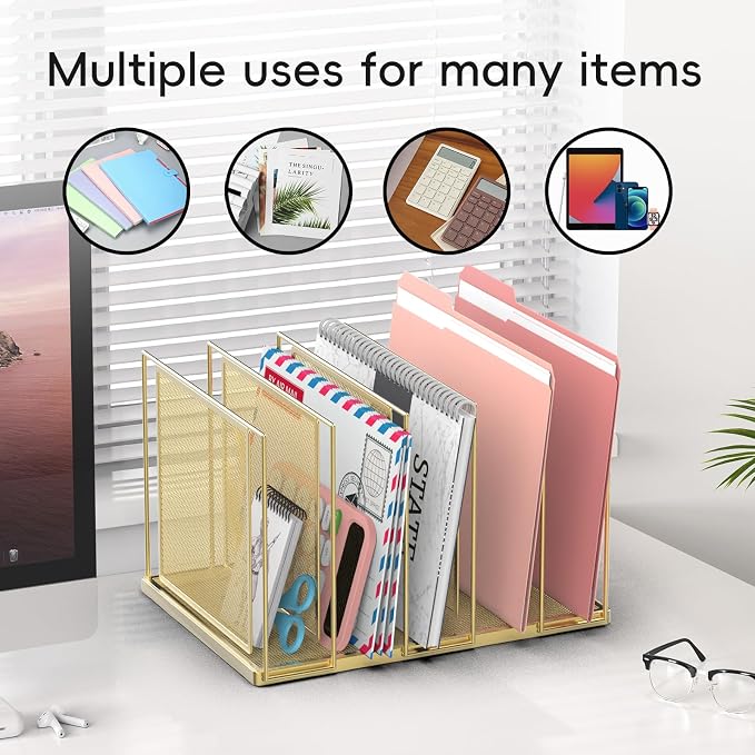 File Organizer for Desk, 5-Section Vertical File Sorter, Paper Holder Organizer Standing Metal File Folder for Office Home Classroom, Gold - Image 5