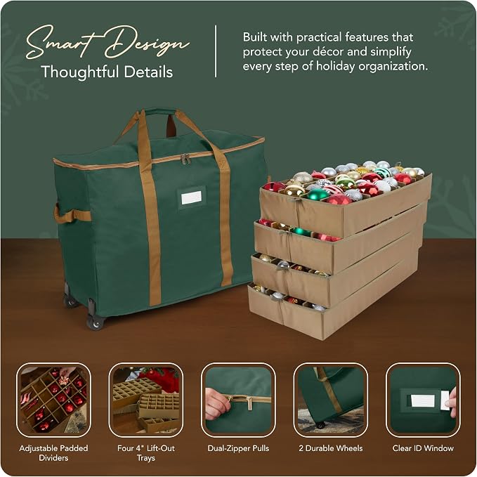 Covermates Keepsakes Rolling Adjustable Ornament Storage Bag – Heavy-Duty Polyester, FlexGrid Trays & Padded Dividers – Protective Holiday Organizer with Wheels, Handles & ID Window, Green - Image 4