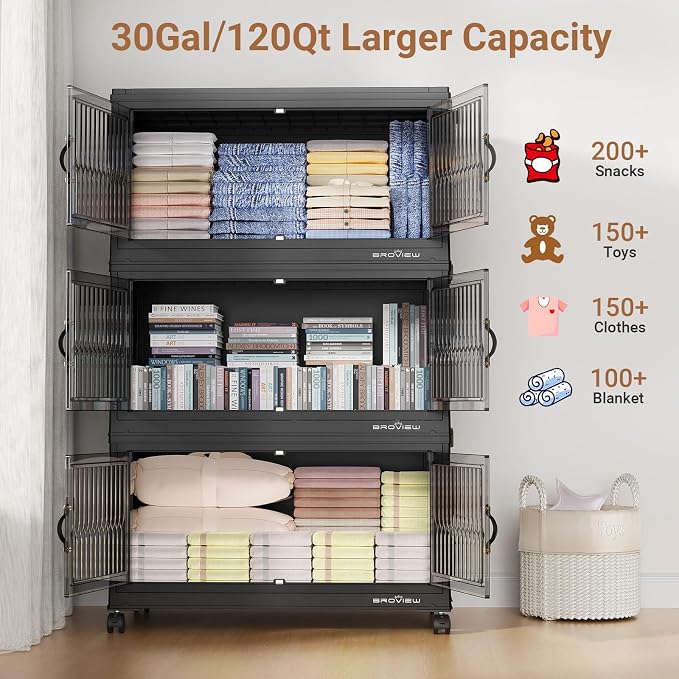 BROVIEW 360Qt Stackable Storage Bins with 3 Lids, Extra Large Closet Organizer Collapsible Drawer Boxes with Wheels, Folding Plastic Cabinet Containers for Home Kitchen Room Organization, 3Pack Black - Image 3