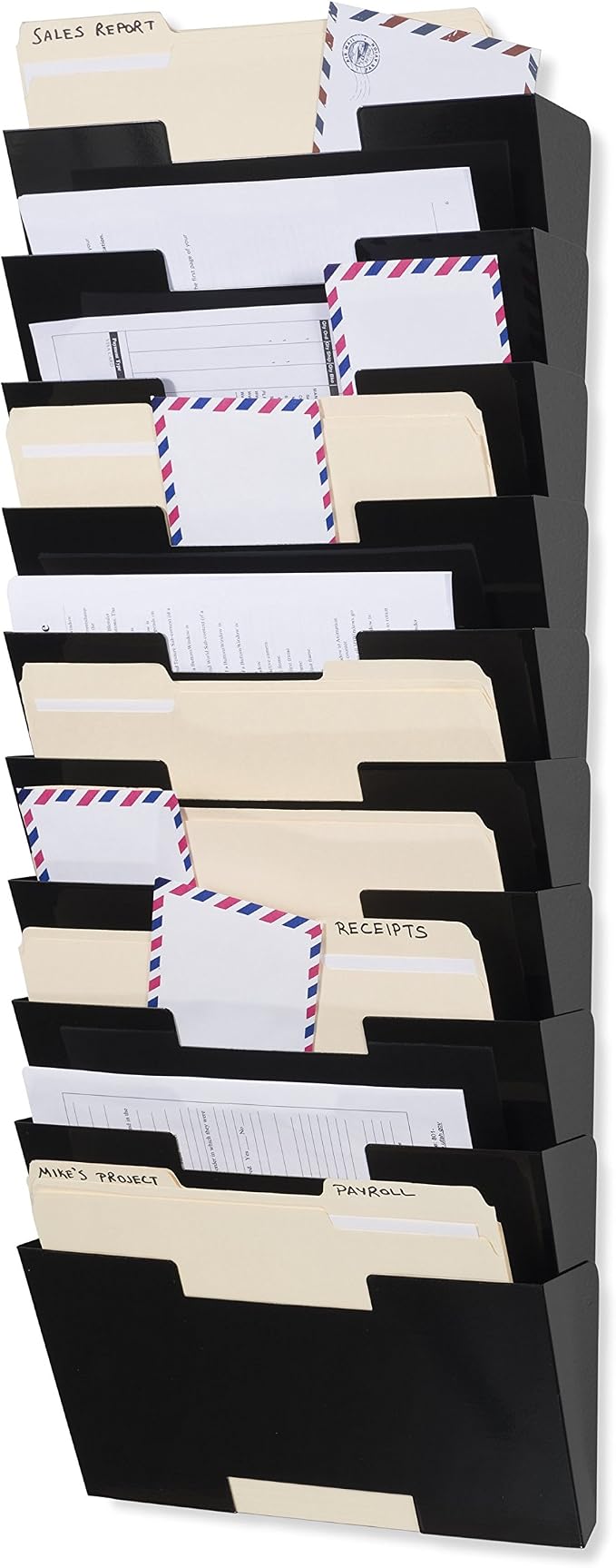 Wallniture Lisbon 10-Tier Wall Mounted File Holder and Desk Organizer, Metal Black Office Organization and Storage Rack by Wallniture