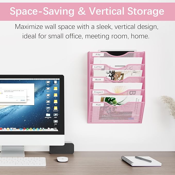 EasyPAG Wall File Organizer 5 Tier Hanging Paper Folder Holder, Zero Assembly Metal Mesh Wall Mounted Mail Organizer for Office Home Classroom Narrow Spaces, Pink - Image 2