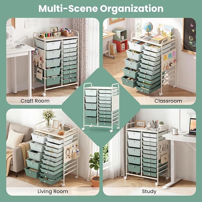 GOFLAME 15-Drawer Rolling Storage Cart with Pegboard, Craft Storage Cart with Lockable Wheels and Metal Frame, Art Cart Supply Storage Organizer for Home Office Classroom, Green Gradient - Image 9