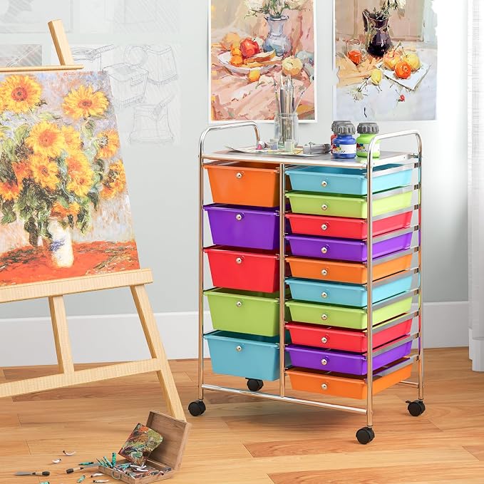 Giantex 15-Drawer Organizer Cart Office School Storage Cart Rolling Drawer Cart for Tools, Scrapbook, Paper (Multicolor) - Image 8