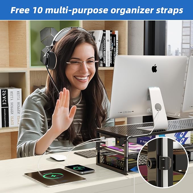 Simple Trending 2-Tier Metal Dual Monitor Stand with USB & 2 Drawers, Black | 32"W x 10"D x 7"H. USB 2.0 + charging port. 2 drawers. Mesh cooling vents. Holds 100 lbs. Non-slip base. Cable ties included. - Image 8