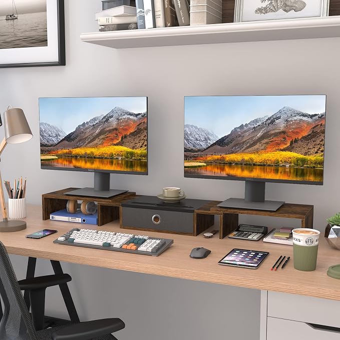 WESTREE Triple Dual Monitor Stand Riser with Drawer,Extra Large Adjustable for 2~3 Monitors,Solt for Phone & Tablet, Desktop Organizer Stand for Computer,Laptop,Printer,TV - Image 4