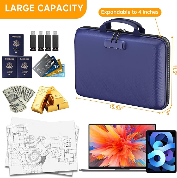 DocSafe Fireproof File Organizer with Lock, Hard-Shell Case Fireproof Document Box with 13 Pocket Accordion File Folder, Portable Home Office Travel Safe Storage for Important Documents Laptop Blue - Image 4