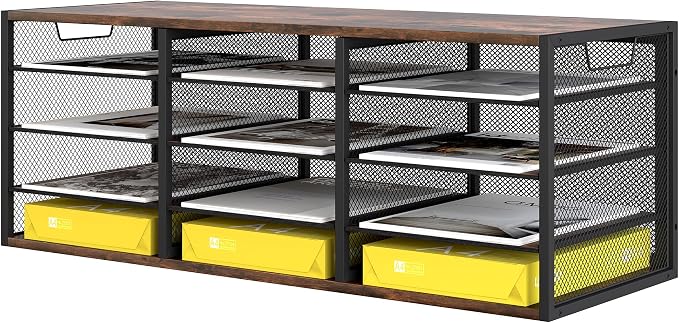 TQVAI 12 Compartments Desktop Literature Organizer, Metal Frame Paper Sorter with Handles, Heavy Duty Mailbox for Classroom and Office, Wood File Organizer for Document, Bill, Magazine, Antique Brown by TQVAI