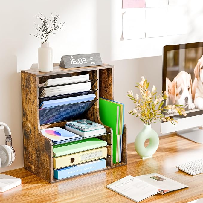 Simple Trending 7- Tier Desk File Organizer, Paper Organizer, Rustic Brown | Adjustable Letter Trays, Wooden Desk Accessories with Side File Holder, for Office Home Classroom, 16"L x 9"W x 17"H - Image 2