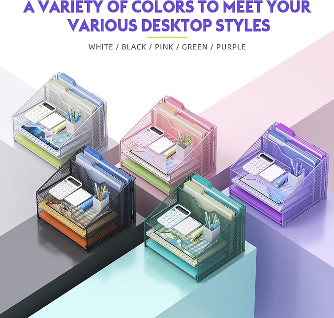 Samstar Purple Desk File Organizer, Mesh Letter File Folder Holder with 3 Paper Trays and 2 Vertical Upright Section, for Office Supplies, Desk Accessories & Workspace, Purple - Image 4