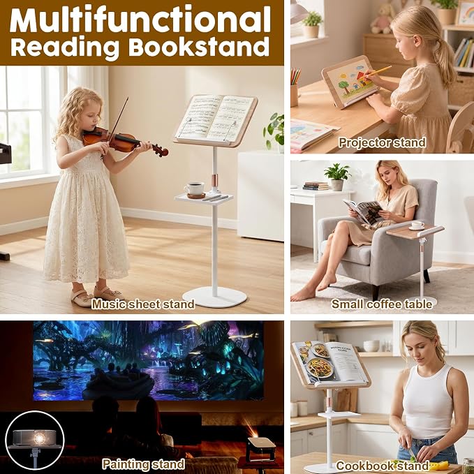 2 in 1 Dual-use Music Stand & Desktop Book Stand, Adjustable Height 16.5"-51", 100% Solid Wood Laptop Floor Stand Book Holder with Elastic Page Clips for Cookbooks (White with Tray) - Image 4