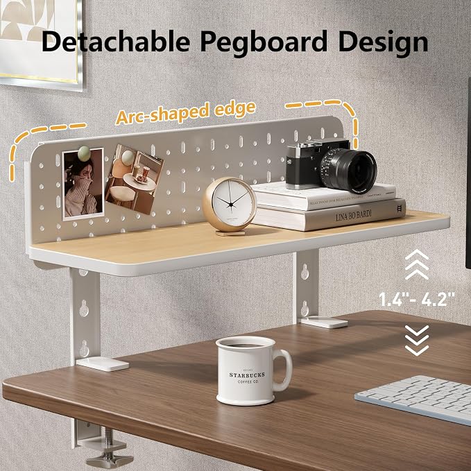 Clamp on Desk Extender Shelf, 22" Desk Riser with Pegboard | Heavy-Duty Side/Top Desk Organizer Shelf for Office Accessories, Monitor and Laptop Riser, Light Wood - Image 7