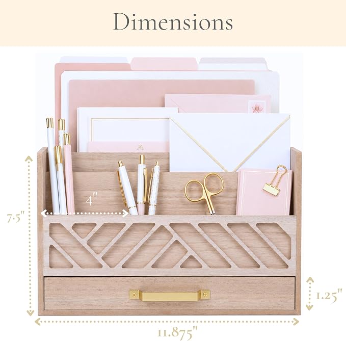 BLU MONACO | Wooden Mail Organizer with Drawer and Gold Handle | Outgoing Mail Holder and Letter Sorter for Desk | Natural Wood Desktop Paper Organizer - Image 2