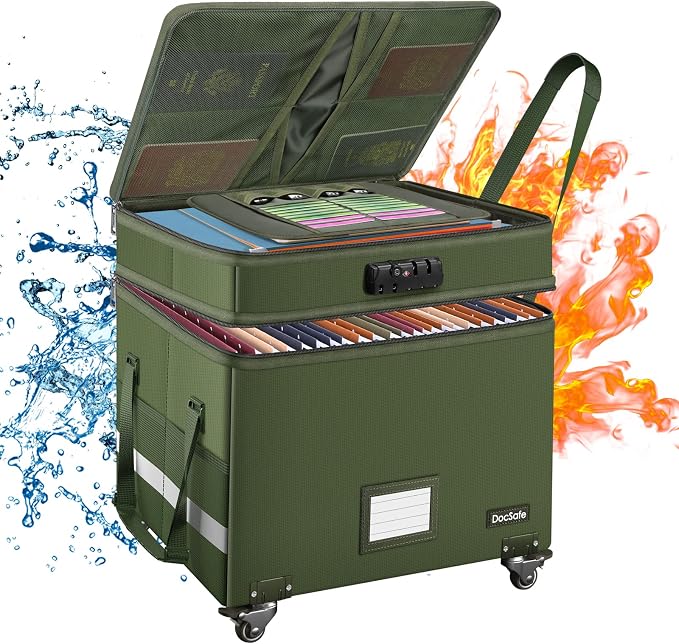 DocSafe File Box with Lock,2-Layer Fireproof Document Box with Wheels,Collapsible Rolling File Storage Organizer with Pockets,Large Portable Home Office Filing Cabinet Safe for Hanging Folders,Green by DocSafe