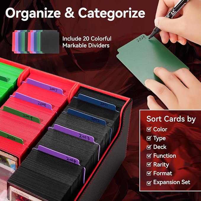 5 Row Trading Card Storage Box, 3800+Bulk Card Organizer Box with 20 Dividers & 5 Supporters, Graded Card Deck Box for YuGiOh, MTG, TCG with Double Lid Black/Red - Image 3