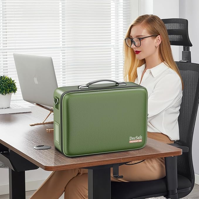 DocSafe Fireproof Document Box with Lock＆Shoulder Strap,Hard Case File Organizer with Accordion File Folder,Multi-Layer Portable Home Office Travel Safe Storage for Important Documents Laptop Green - Image 9