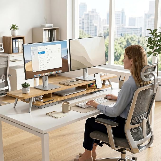Fenge Dual Monitor Stand Riser, Wooden Desk Shelf with 2-Tier Storage | 47.2-Inch Extra Wide, Sturdy Aluminum Legs, Built-In Phone & Tablet Slot, Desktop Organizer for Office Accessories - Image 8