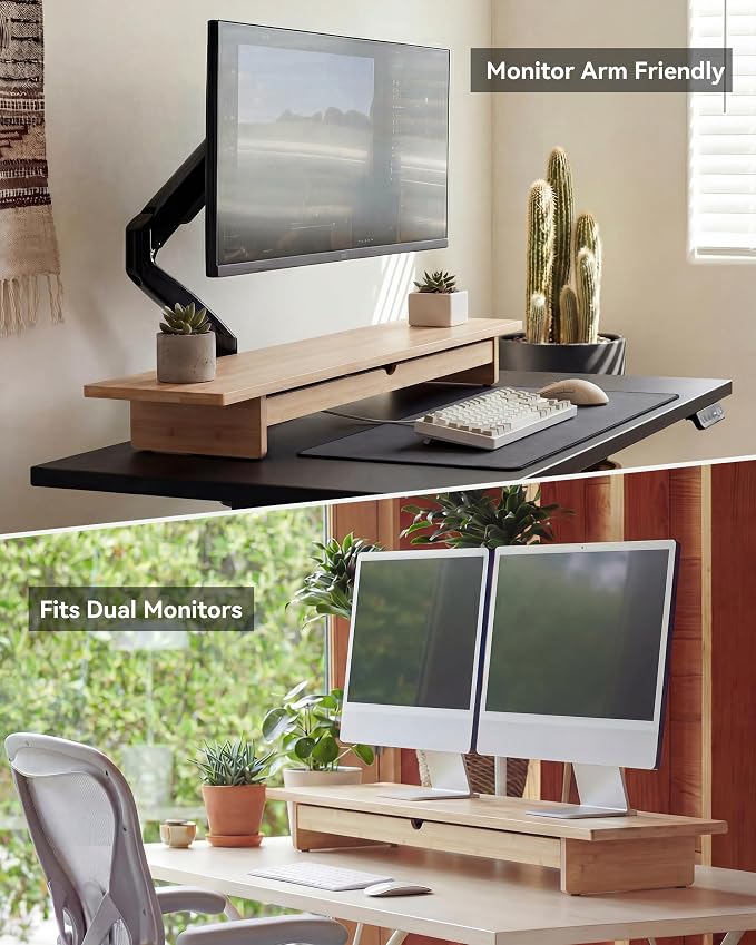42" Dual Monitor Stand Riser with Large Drawer Keyboard Storage | Double Computer Monitor Riser Shelf for 55-72 Inch Desk Aesthetic Workplace Setup Desktop Organizer Bamboo - Image 7