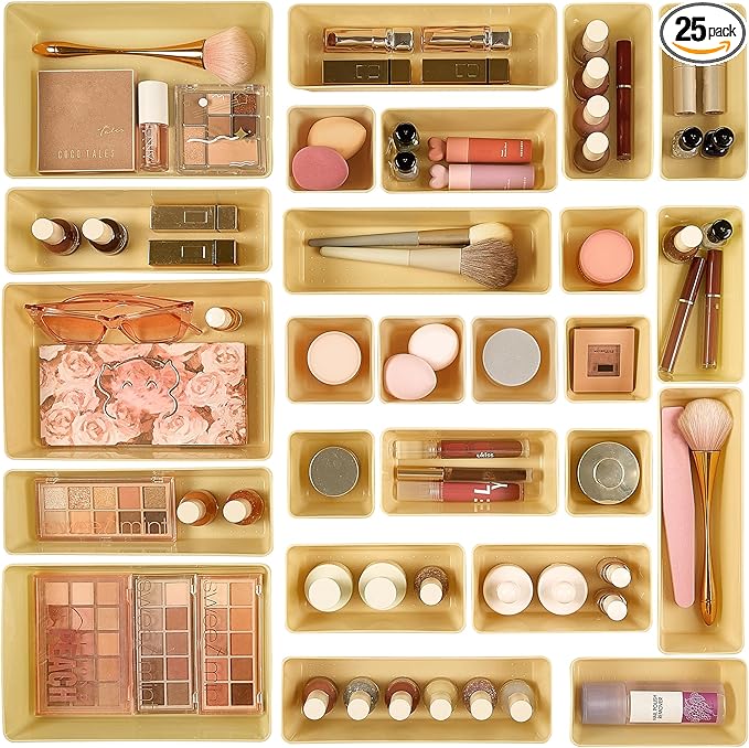 Vtopmart 25 Pack Plastic Drawer Organizers with Non-slip Rubber Pads | 4-Size Versatile Makeup Organizer, Storage Containers Small Bins for Makeup, Jewelries, Bedroom, Kitchen Utensils and Office by Vtopmart