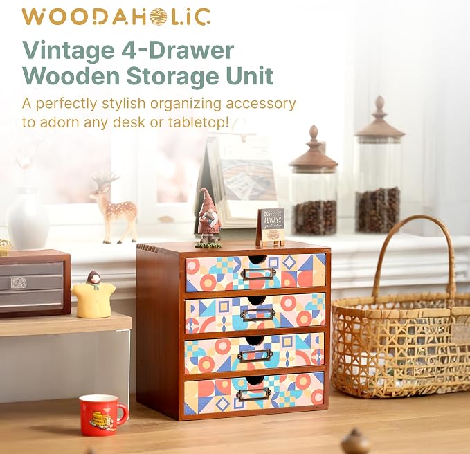 Add Color To Your Desk - MCM Geometric Wooden Desk Organizer - Desktop Storage with 4-Drawer - Wood Cabinet for Office Supplies, Craft Tools, & Home, Countertop, Tabletop Organization - Image 3