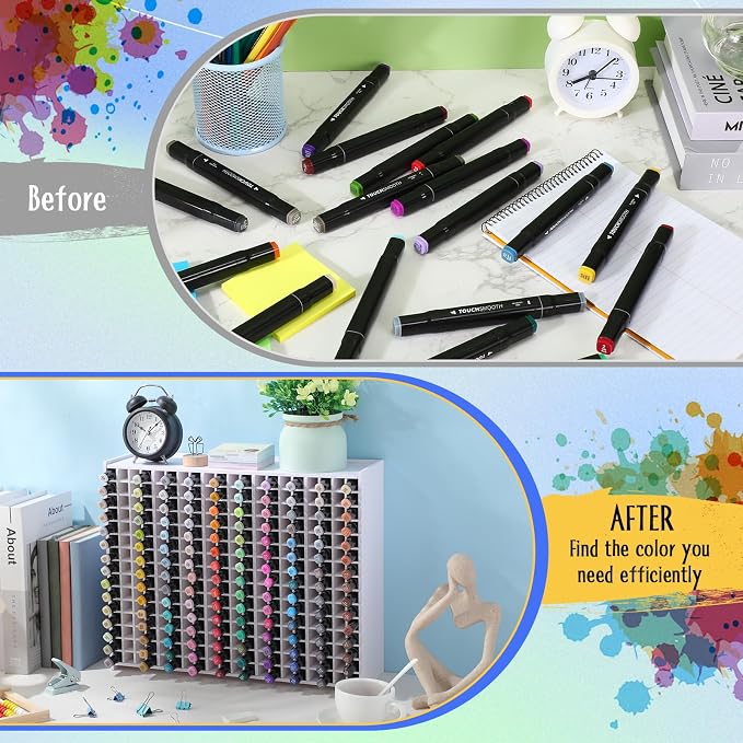 2 Pack Marker Storage Organizer, 600 Slots Total Art Supply Holder for Desk, Marker Rack with Removable Dividers for Colored Pencils & Paint Brushes (16.73 x 13.58 x 5.12 inch) - Image 3