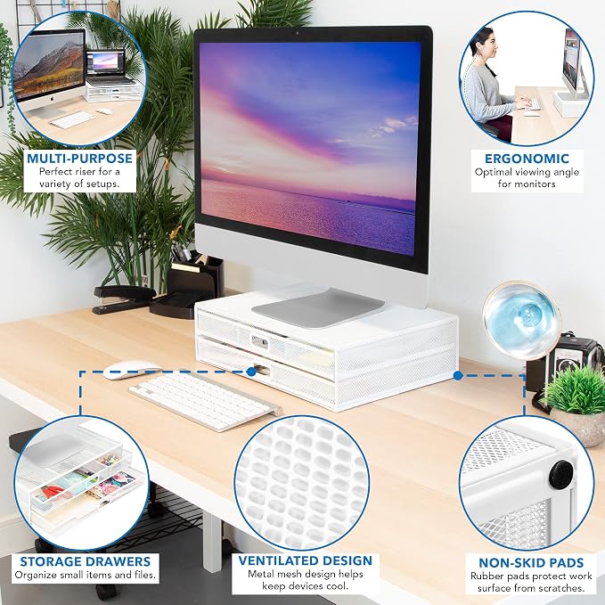 Mount-It! Mesh Computer Monitor Stand Riser [Metal] Desk Organizer with Two Pullout Storage Drawers for Desktop, Laptop, and Printer Accessories and Office Supplies (White) - Image 2