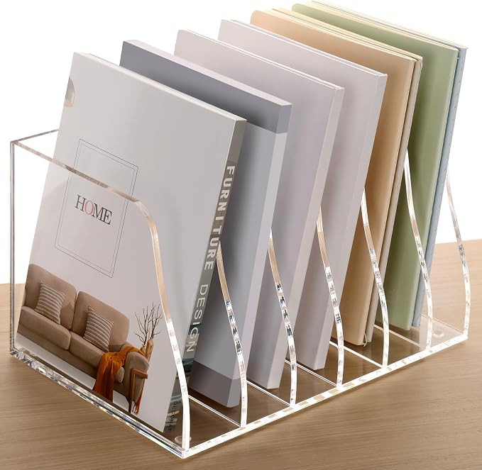 SANRUI Acrylic Desk File Organizer, Clear Magazine File Holder 6 Slot | Vertical Workspace Sorters, Folder Rack for Office Accessories Organization Storage - Image 8