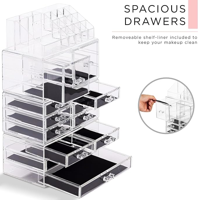 Sorbus Large Makeup Organizer - Clear Stackable Jewelry Makeup Organizer for Vanity, Bathroom Storage Display Case - 12 Drawers Cosmetic Beauty Organizers and Storage with Lipstick Makeup Brush Holder - Image 5