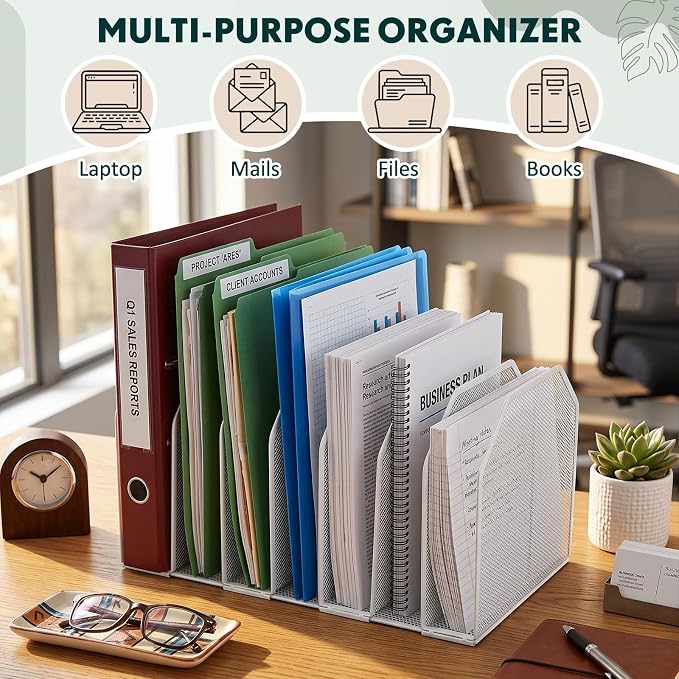 Sliner 1 Pcs 7 Slot Metal Clipboard Holder for Desk, File Organizer, White | Vertical Classroom Clipboard Holder, Mesh File Storage Rack, Wire Document Sorter for School Teacher Home Office Supplies - Image 5