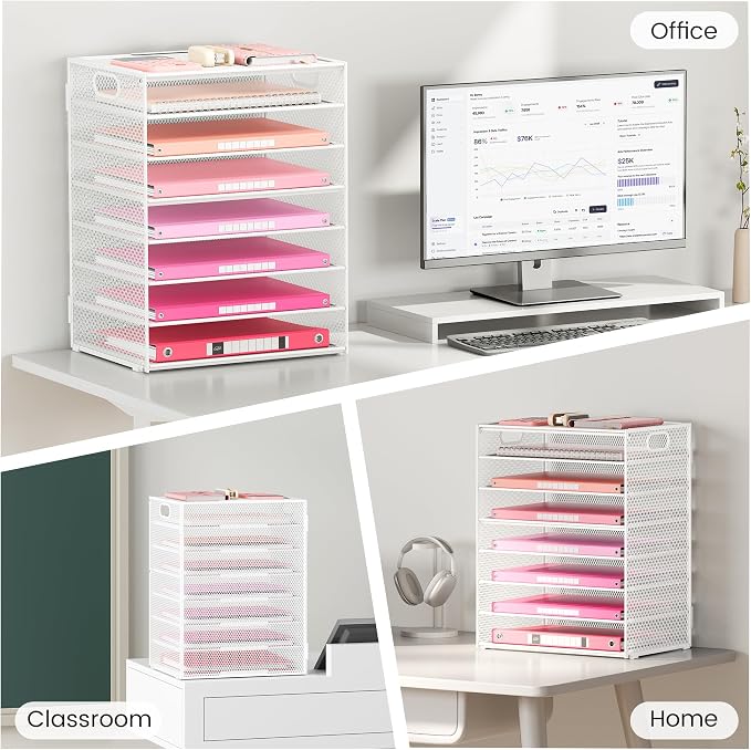 Lavatino 2 Pack 8-Tier Office Desk File Organizer, Letter Tray Paper Organizer with Handle, Including 5 Adjustable Slide Trays for Organizing Desk Workspace Accessories and Supplies (White Metal Mesh) - Image 5