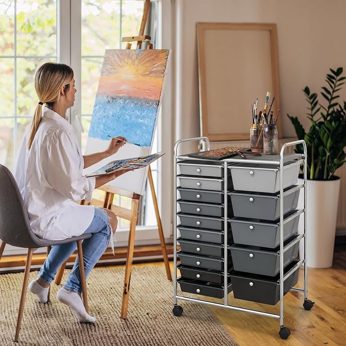 GOFLAME 15-Drawer Rolling Storage Cart, Craft Storage Cart with Removable Drawers & Lockable Wheels, Art Cart Supply Storage Organizer for Home Office Classroom, Gray Gradient - Image 8