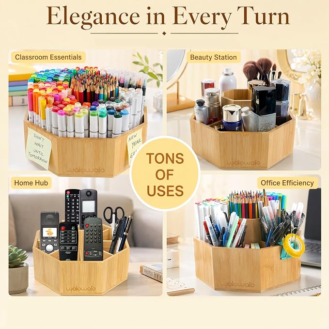Bamboo Rotating Art Supply Organizer Caddy Holds 800+ Pencils Spinning Crayon 160 Marker Holder Desk Brush Colored Pencil Storage for Office Classroom Organization Stationary (Larger VER) - Image 9