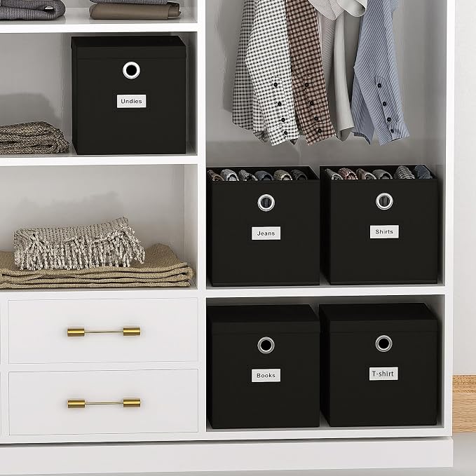 Pezin & Hulin Fabric Storage Cubes with Lids, 6-Pack, 11x11x11 in, Black | Collapsible Fabric Bins for Closet, Foldable Stackable Organizer Boxes with Label Cards - Image 5