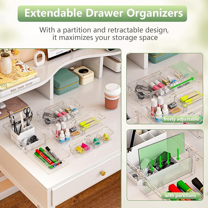 BLULEE 4-in-1 Expandable Drawer Organizer Set, Adjustable Clear Bins | with Dividers for Kitchen, Bathroom, Vanity & Office, Scalable Trays for Cosmetics, Utensils & Desk Accessories (4 Pcs) - Image 2