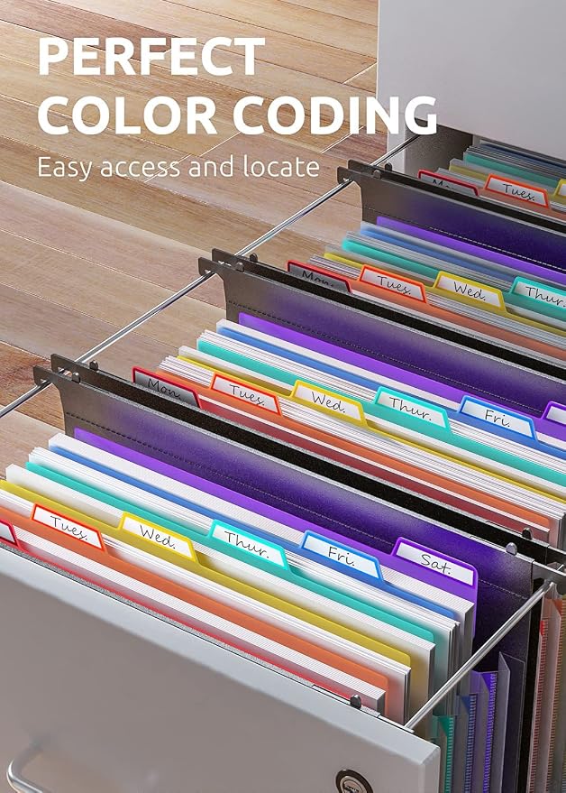 ThinkTex Plastic Expanding Hanging File Folders, 7 Innovative 1.2/'' Accordian Pockets, Large Capacity, Multi-Color Tabs, Letter Size for Filing Cabinet - Black-6 pack | Large Capacity, Multi-Color Tabs, Letter Size for Filing Cabinet - Black-6 pack - Image 5