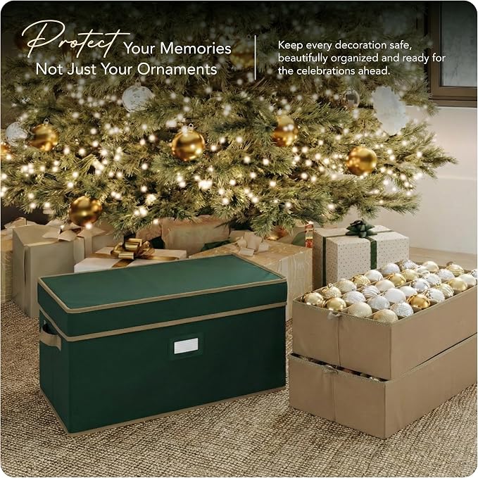 Covermates Keepsakes Adjustable Ornament Storage Box – Heavy-Duty Polyester, Padded Dividers & FlexGrid Trays – Protective Holiday Organizer with Stackable Walls & Label Window, Green - Image 2