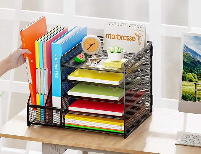 Marbrasse Desk Organizer with File Holder, 5-Tier Paper Letter Tray Organizer, Mesh Desk Organizers and Accessories with Magazine Holder, Desktop Storage for Office Supplies (Black) - Image 4