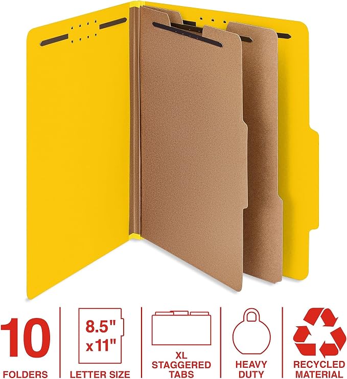 Staples 100% Recycled Heavy‑Duty Classification Folder, Letter Size, 2 Dividers, 2″ Expansion, Yellow Pressboard, 10/Box - Image 2