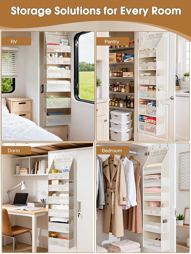 Over the Door Organizer, 6-Shelf Closet Hanging Storage with 13 Mesh Pockets, 55lbs Capacity Behind the Door Storage for Baby Nursery, Bathroom, Bedroom, and Dorm, Beige - Image 7