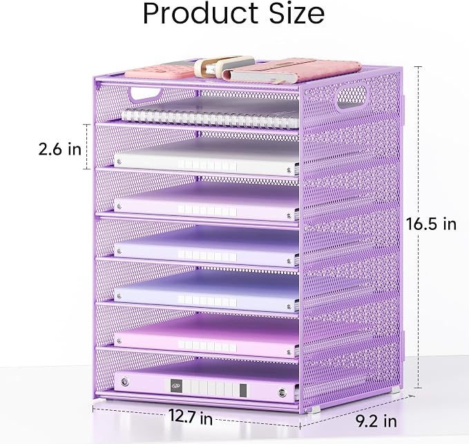 Lavatino 2 Pack 8-Tier Office Desk File Organizer, Letter Tray Paper Organizer with Handle, Including 5 Adjustable Slide Trays for Organizing Desk Workspace Accessories and Supplies (Purple Mesh) - Image 2