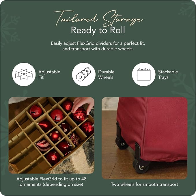 Covermates Keepsakes Rolling Adjustable Ornament Storage Bag – Heavy-Duty Polyester, FlexGrid Trays & Padded Dividers – Protective Holiday Organizer with Wheels, Handles & ID Window, Red - Image 5