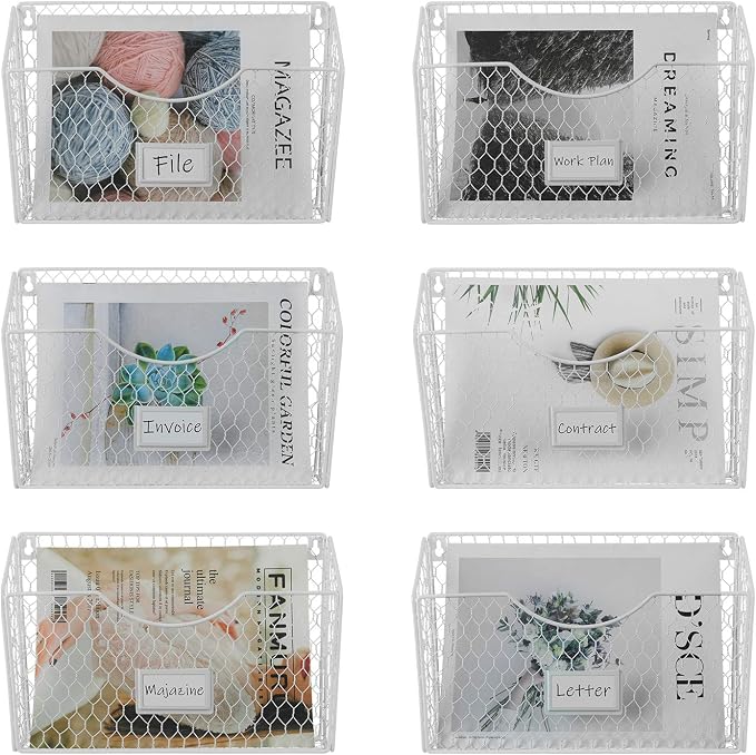 6 Pockets Hanging File Holder Wall Mount Mail Organizer Metal Chicken Wire Magazine Rack with Tag Slot, White by PAG