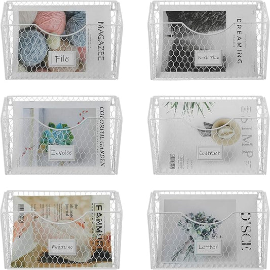 6 Pockets Hanging File Holder Wall Mount Mail Organizer Metal Chicken Wire Magazine Rack with Tag Slot, White by PAG