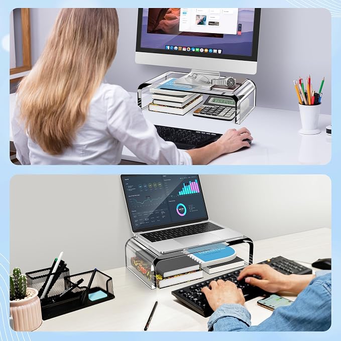 AboveTEK Acrylic Monitor Stand – Clear Monitor Riser & Computer Desk Stand, Premium Acrylic Laptop Stand for Home Office, PC TV Stand with Keyboard Storage Heavy Duty Desk Riser - Image 5
