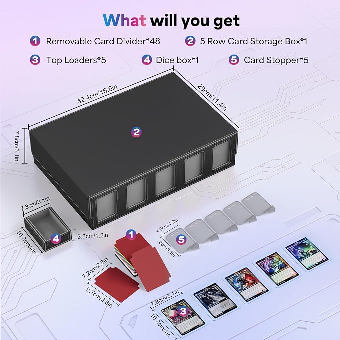 UAONO 5-Row Trading Card Storage Box with Commander Display, Black Grey | 3900+ Card Box with Removable Cover, Card Case Fits MTG TCG Sports Cards, 48 Dividers, 5 Stoppers, 5 Top Loaders, Dice Box - Image 6