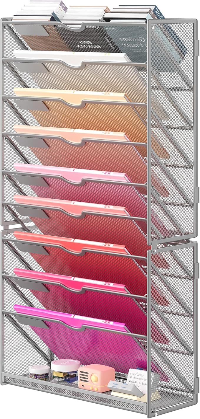 Lavatino 10-Tier Hanging Wall File Folders Organizer - Silver Metal Mesh Paper Magazine Document Mail Holder File Organizer for Office School Home Wall Mount or Desk Supplies Organization by Lavatino