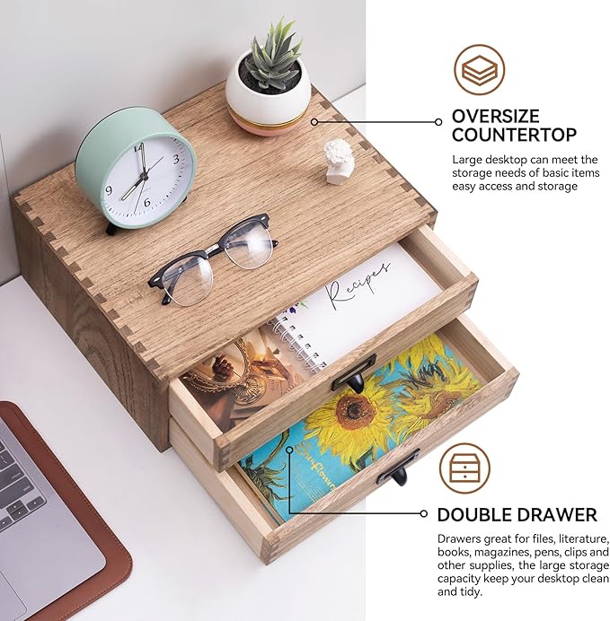 KIRIGEN Solid Wood Desk Organizer with 2 Drawers, Desktop Storage, Brown | 2-Drawer Cabinet for Printer Paper, Mail, Notebooks, and Office Supplies, 13.78 x 10.6 x 5.9 In, Fully Assembled - Image 5