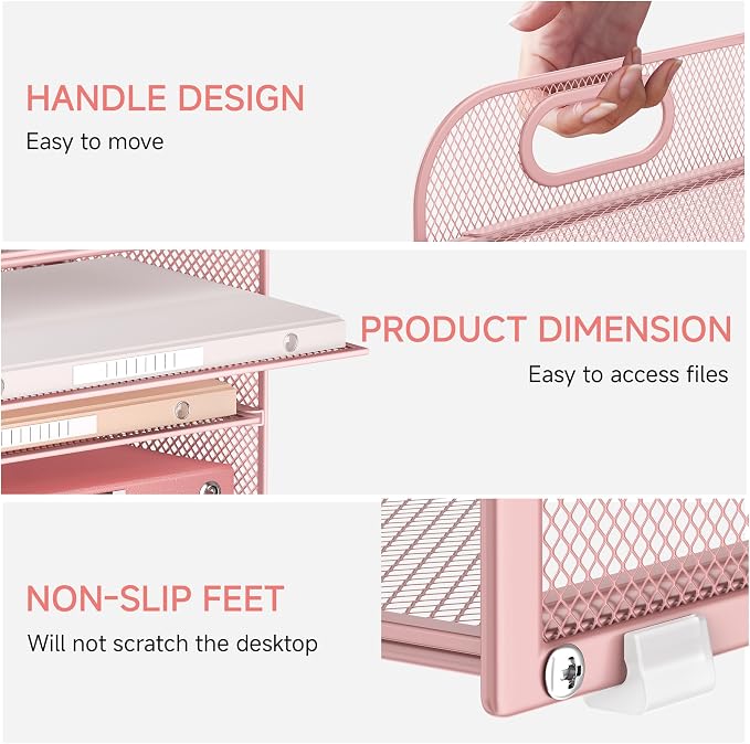 4-Tier Paper Organizer for Desk With Handle, Mesh Desktop File Tray, Office Classroom Organization and Storage - Pink - Image 3